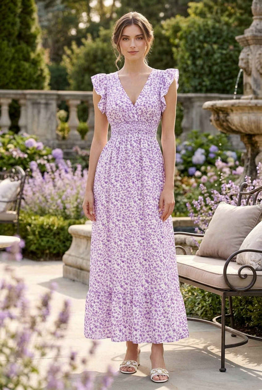 Virtual model wearing The Maia Flutter Sleeve Maxi Lavender Floral Smocked Waist Maxi Dress