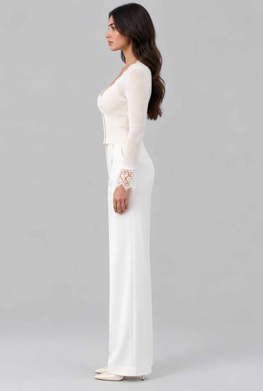 Virtual model wearing The Maren Lace Cardigan Off White Eyelash Lace-Trim Semi-Sheer Knit Cardigan