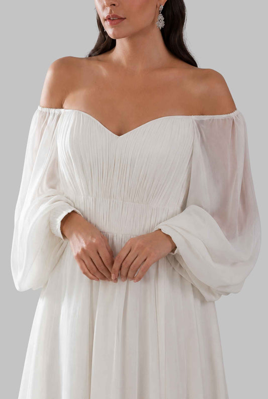 Virtual model wearing The Margaux Pleated Chiffon Dress Off-Shoulder Bishop-Sleeve Gown in White