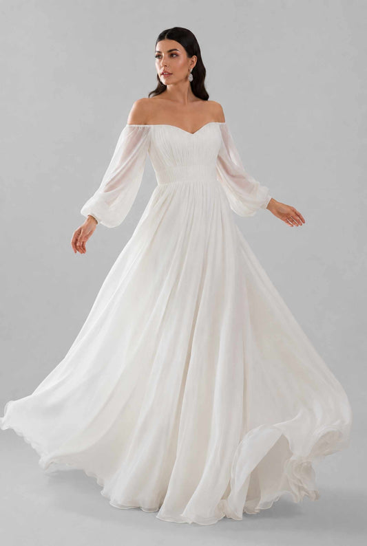 Virtual model wearing The Margaux Pleated Chiffon Dress Off-Shoulder Bishop-Sleeve Gown in White