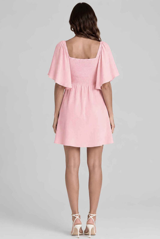 Virtual model wearing The Melody Flutter Sleeve Mini Tie-Front Flutter-Sleeve Mini Dress in Pink