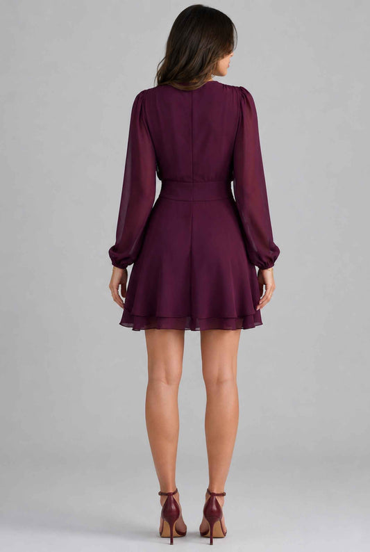 Virtual model wearing The Mirabel Chiffon Dress Layered Tie-Up Bishop Sleeve Mini Dress in Purple
