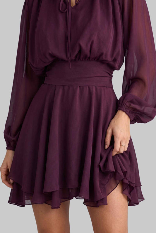 Virtual model wearing The Mirabel Chiffon Dress Layered Tie-Up Bishop Sleeve Mini Dress in Purple