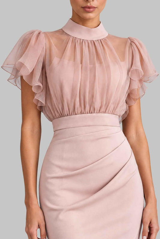 Virtual model wearing The Ophelia Chiffon Dress Blush Pink Chiffon Flutter-Sleeve Dress