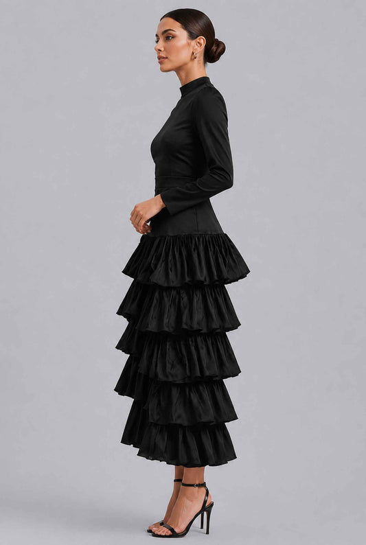 Virtual Model Wearing The Paris Tiered Ruffle Skirt Black High Waisted Ruffle Tiered Skirt