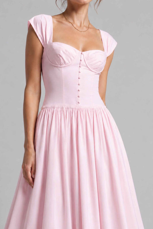 Virtual model wearing The Posie Poplin Dress Bustier Top Poplin Midi Dress in Pink