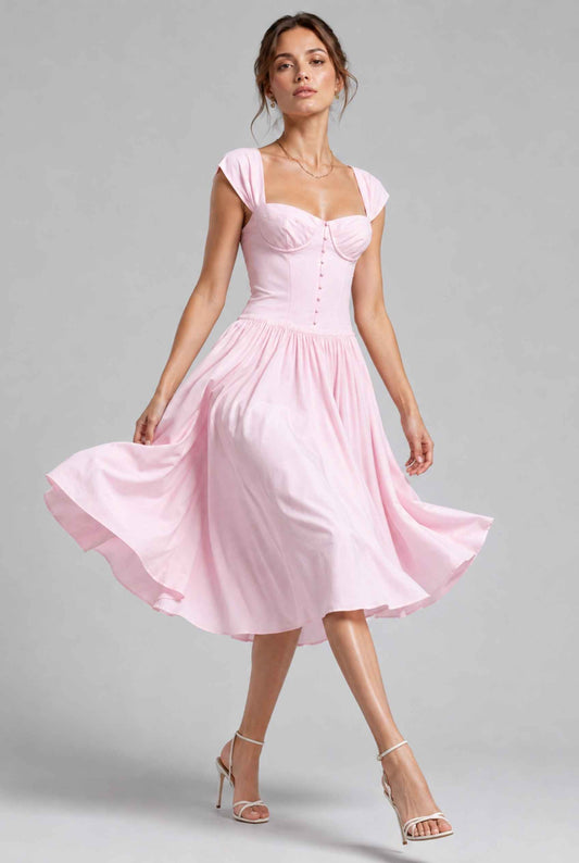 Virtual model wearing The Posie Poplin Dress Bustier Top Poplin Midi Dress in Pink