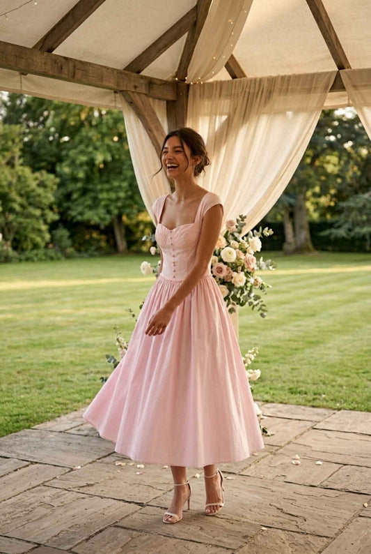 Virtual model wearing The Posie Poplin Dress Bustier Top Poplin Midi Dress in Pink