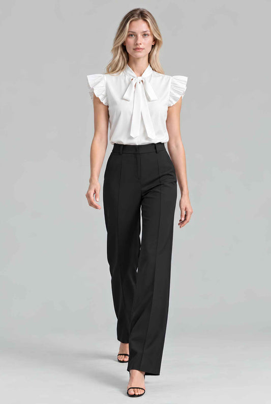 Virtual model wearing The Ramona Tied Blouse Bow Tie-Up Flutter Sleeve Blouse White
