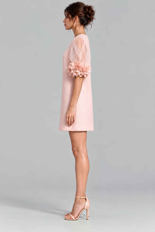 Virtual model wearing The Rosalie Floral Sleeve Dress 3D Floral Sleeve Mini Shift Dress in Blush