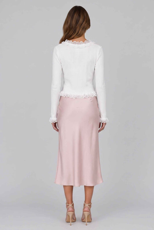 Virtual model wearing The Rosalie Lace Cardigan Ruffled Ribbed Knit Buttoned Cardigan in White
