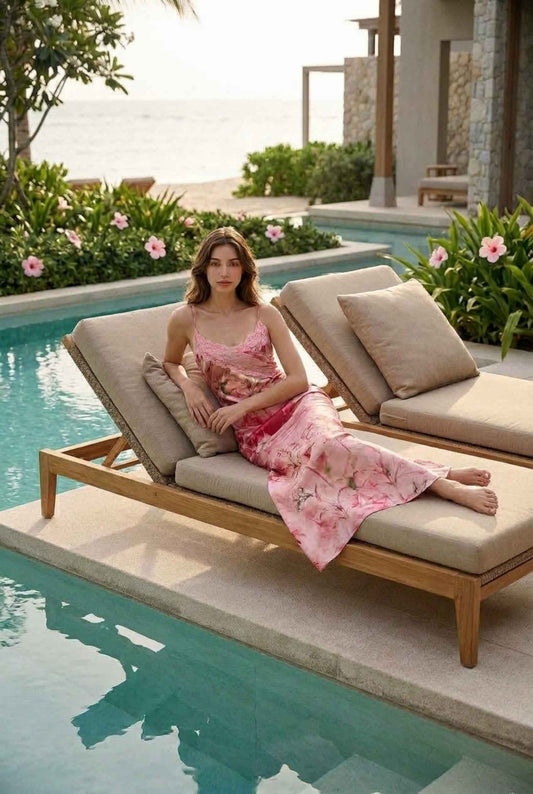 Virtual model wearing The Rosie Lace Trim Slip Dress Pink Watercolor Floral Lace Slip Dress