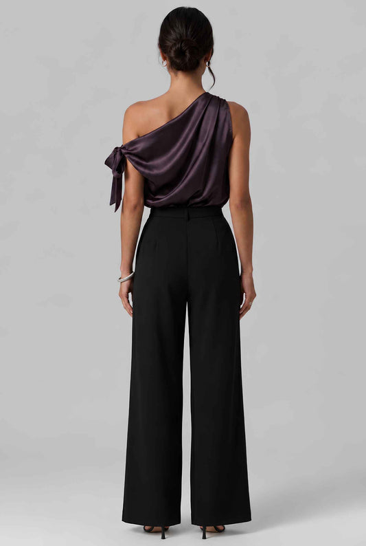 Virtual model wearing The Seraphina Satin Blouse One-Shoulder Cowl Blouse in Purple