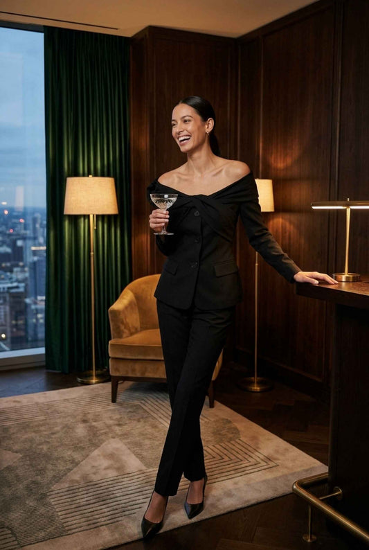 Woman wearing The Severine Tailored Blazer Off the Shoulder Black Structural Jacket with trousers and heels laughing in a mood lit hotel room holding a cocktail