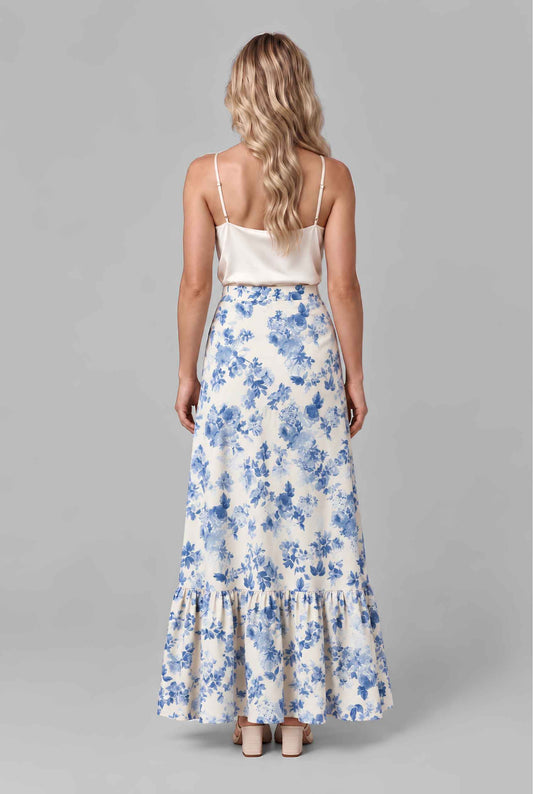 Virtual model wearing The Sonora Ruffle Skirt Blue Floral Ruffle High-Waisted Maxi Skirt