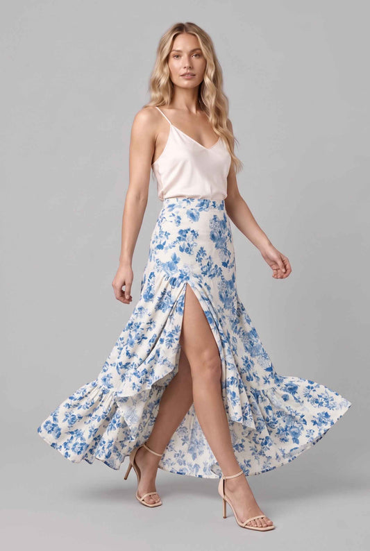 Virtual model wearing The Sonora Ruffle Skirt Blue Floral Ruffle High-Waisted Maxi Skirt