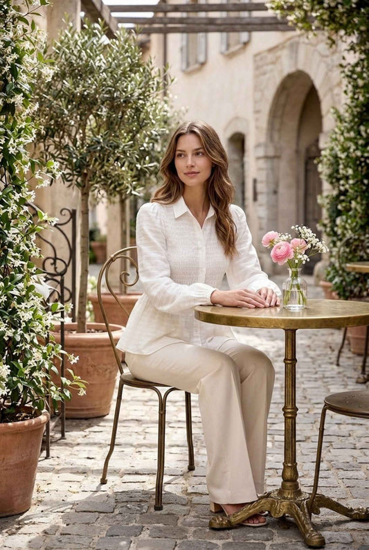 Virtual model wearing The Sutton Peplum Blouse Smocked Collar Button-Down Peplum Blouse White