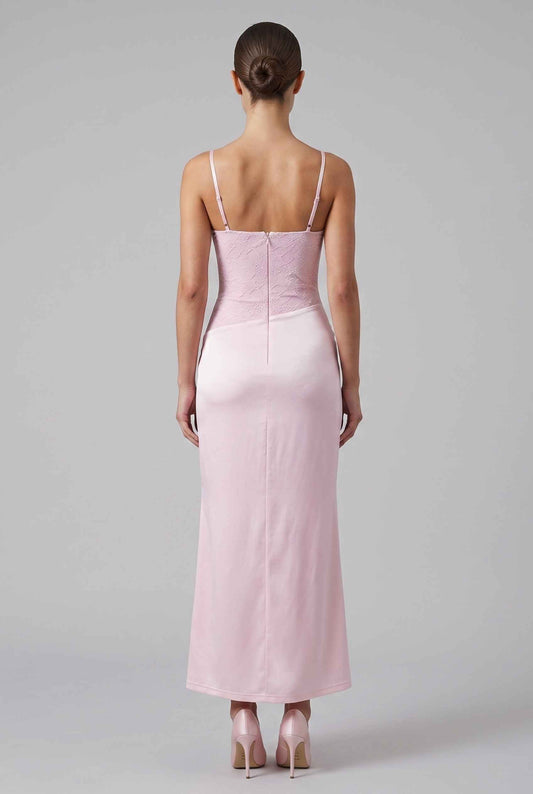 Virtual model wearing The Valencia Lace Dress Pink Lace Corset Satin Skirt Gown