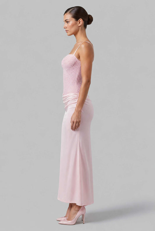 Virtual model wearing The Valencia Lace Dress Pink Lace Corset Satin Skirt Gown