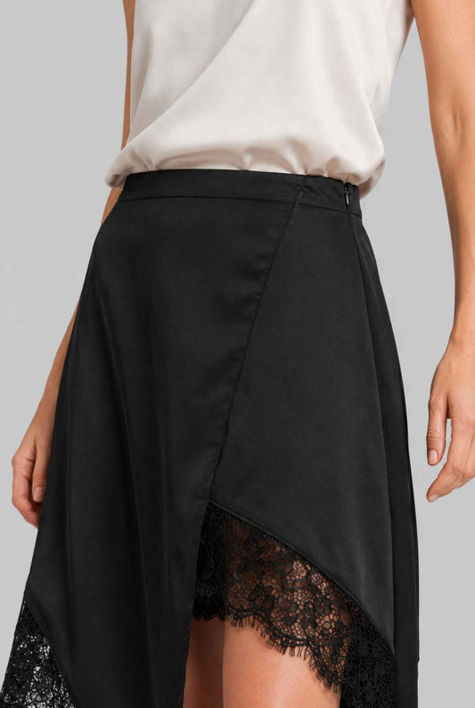 Virtual Model Wearing The Vera Lace Satin Mini Skirt Asymmetrical Lace Trim Black Wrap Skirt