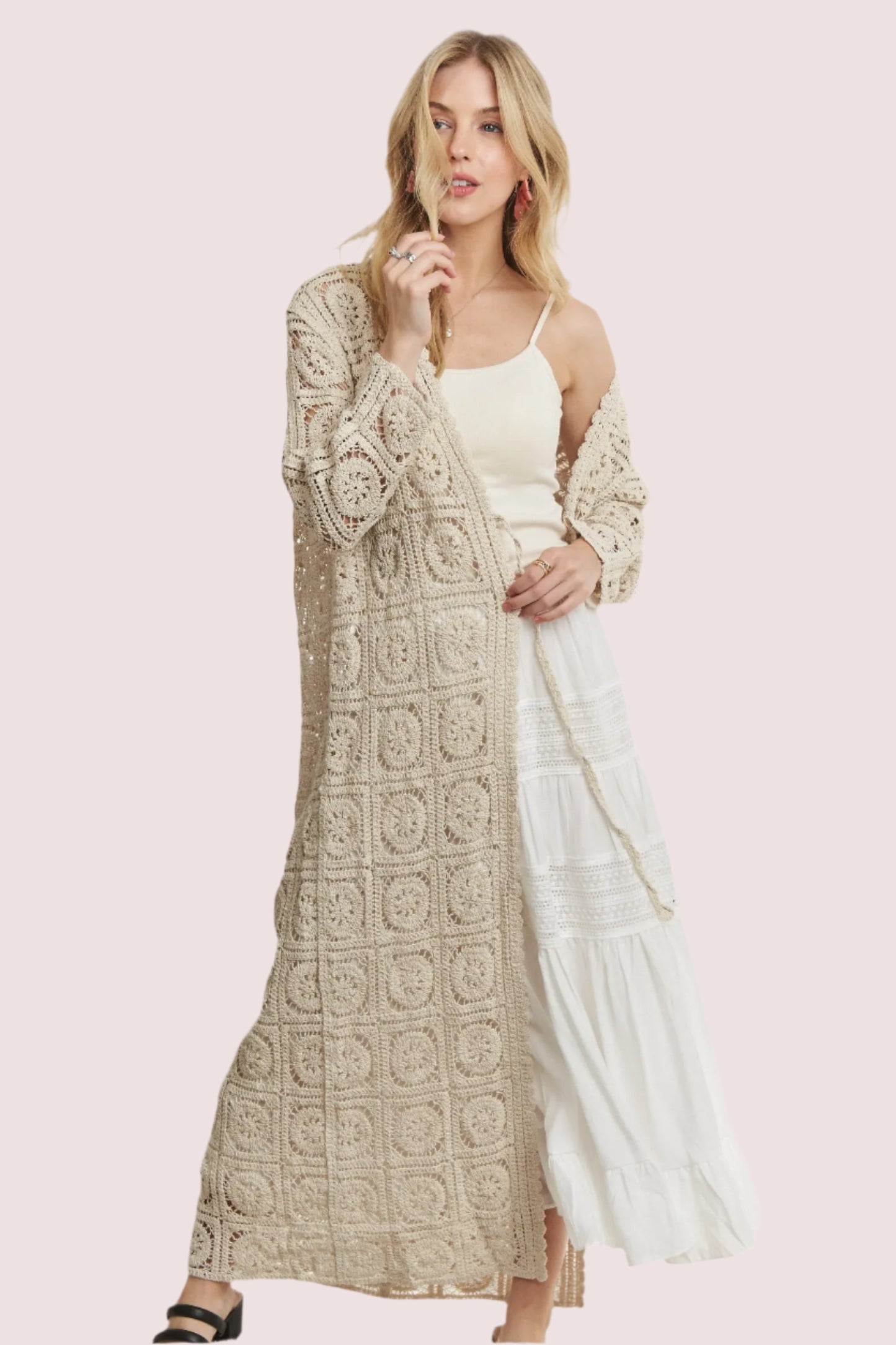 ADORA Long Sleeves Crochet Elastic Cardigan in beige, perfect for layering over casual outfits