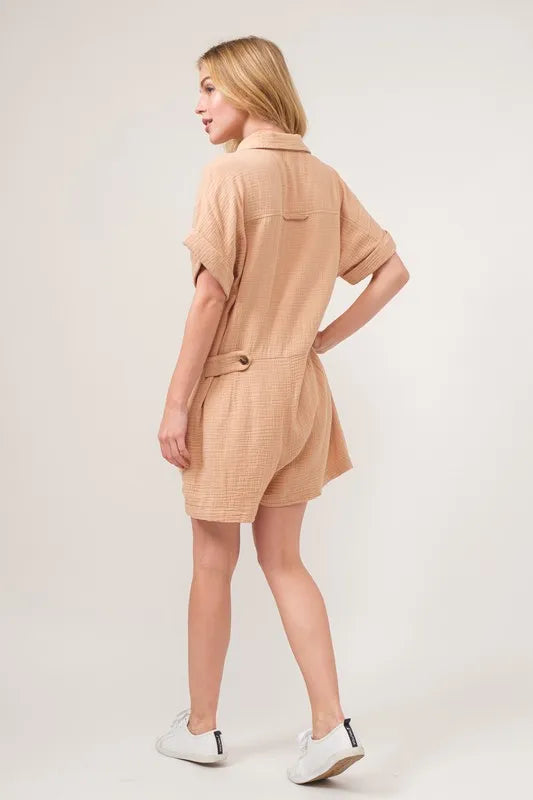 And The Why Washed Gauze Roll-up Sleeve Comfort Utility Romper in beige with back detail