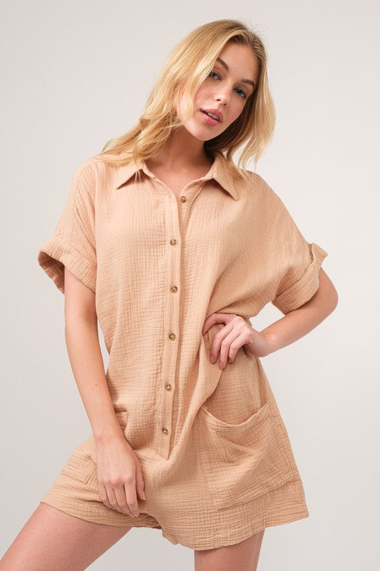 And The Why Washed Gauze Roll-up Sleeve Comfort Utility Romper in Light Beige with Button Details