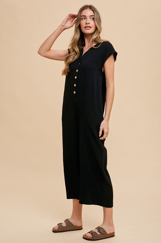 Annie Wear Button Detail Wide Leg Jumpsuit with Pockets in Black, perfect for casual summer outings