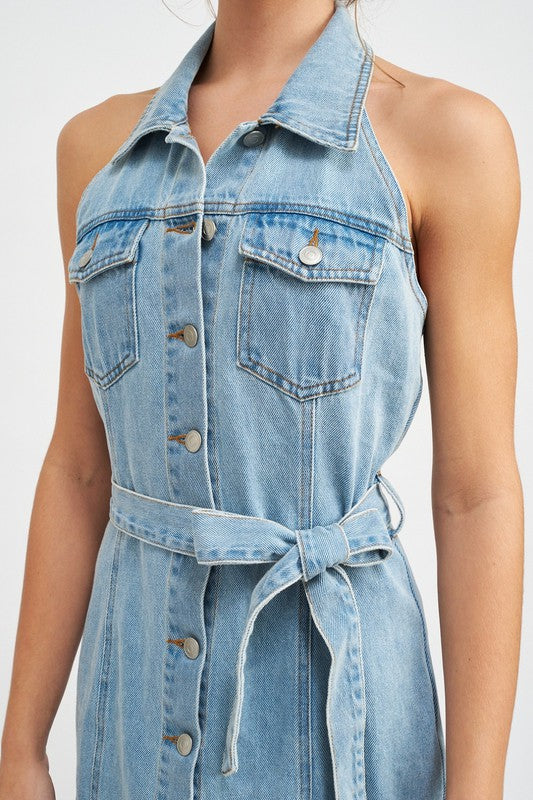Emory Park Button Down Denim Mini Dress With Belt in light blue with front pockets and halter neckline