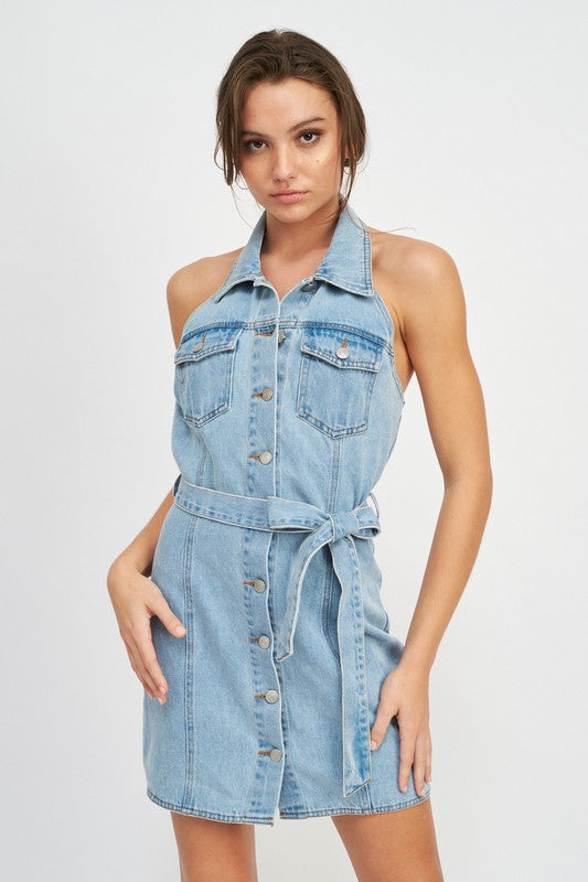 Emory Park Button Down Denim Mini Dress With Belt sleeveless collar front pockets light blue