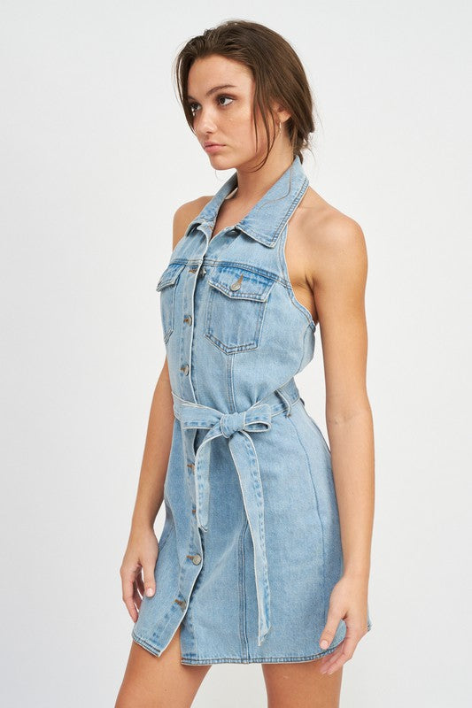 Emory Park Button Down Denim Mini Dress With Belt in light blue with front pockets and sleeveless design