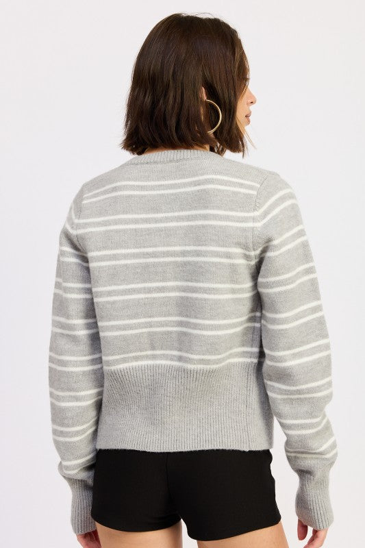 Emory Park Button Down Stripped Cardigan in gray with white stripes, featuring a cozy fit and ribbed hem