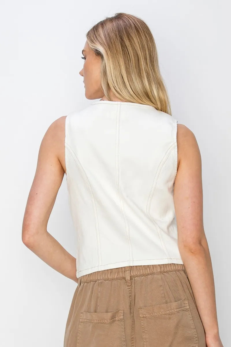 Stylish Button Front Denim Vest in white with a sleek back design for versatile layering