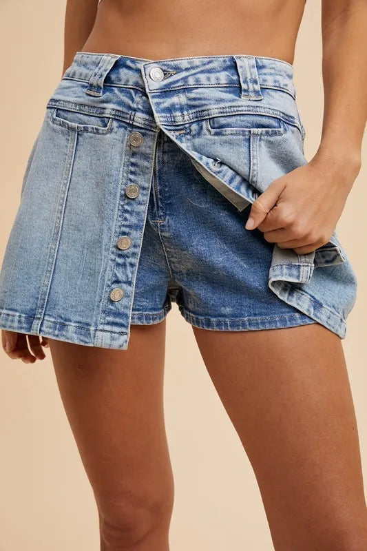 Button Front Denim Wrap Skort featuring a stylish design and comfortable fit for casual outings