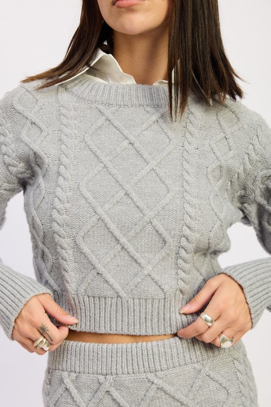 Emory Park Cable Knit Cropped Sweater in light gray with a stylish ribbed hem and textured design