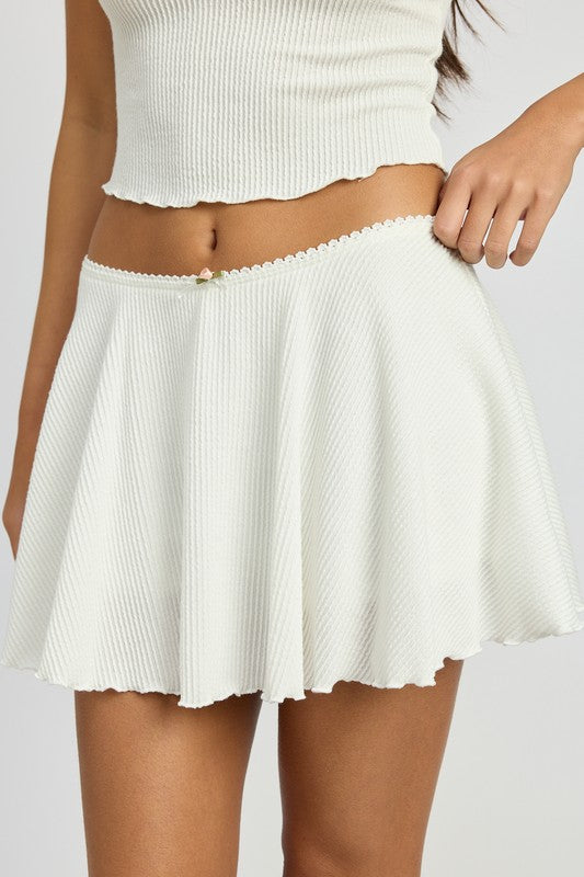 Emory Park white ribbed Circle Mini Skirt with scalloped hem and small bow detail