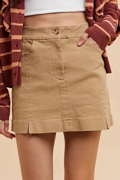 Cotton Mini Skirt in Tan with Front Pockets and Button Closure for Casual Wear