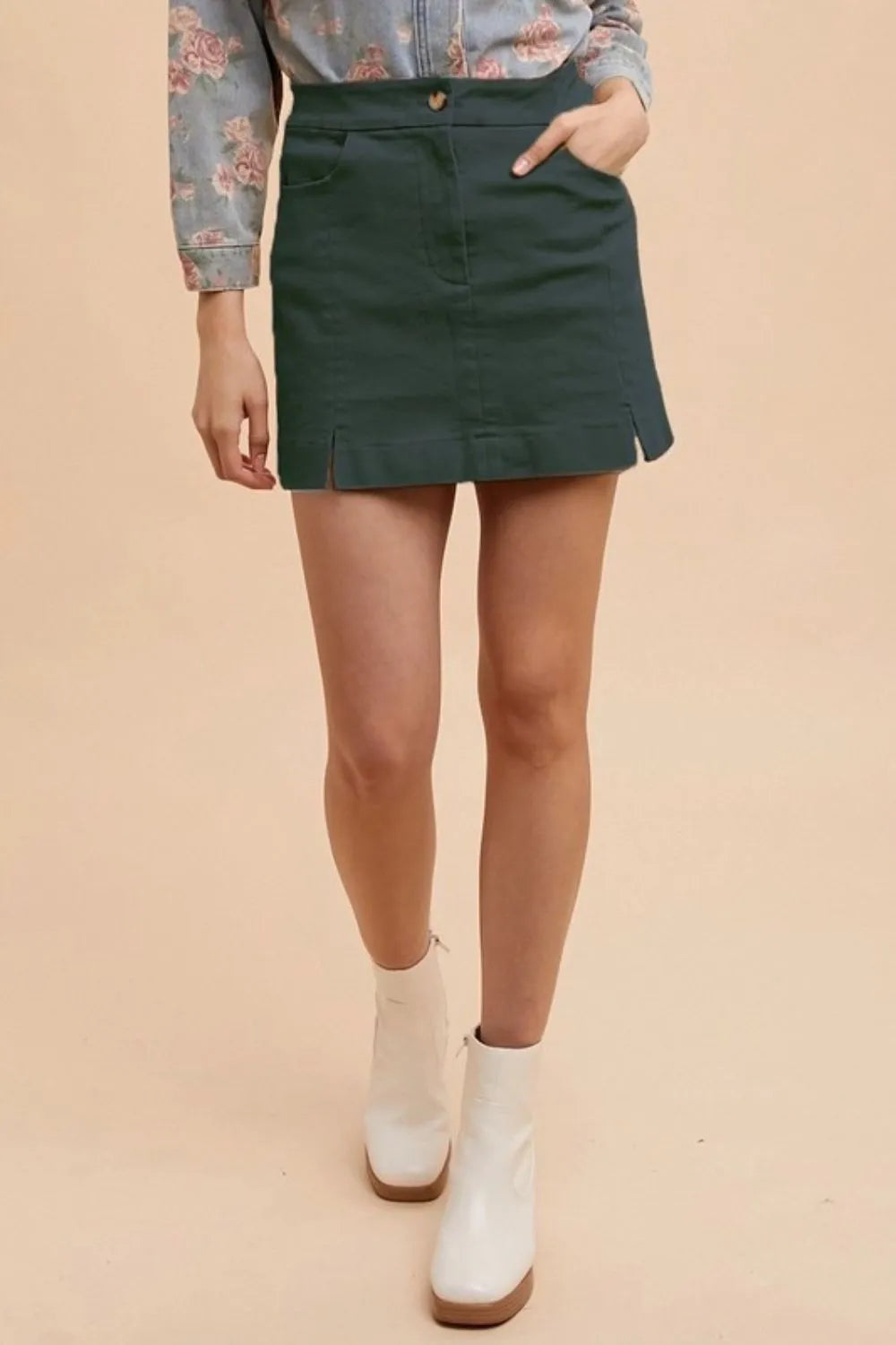 Cotton Mini Skirt in Green with Front Pockets and Side Slits for a Stylish Look
