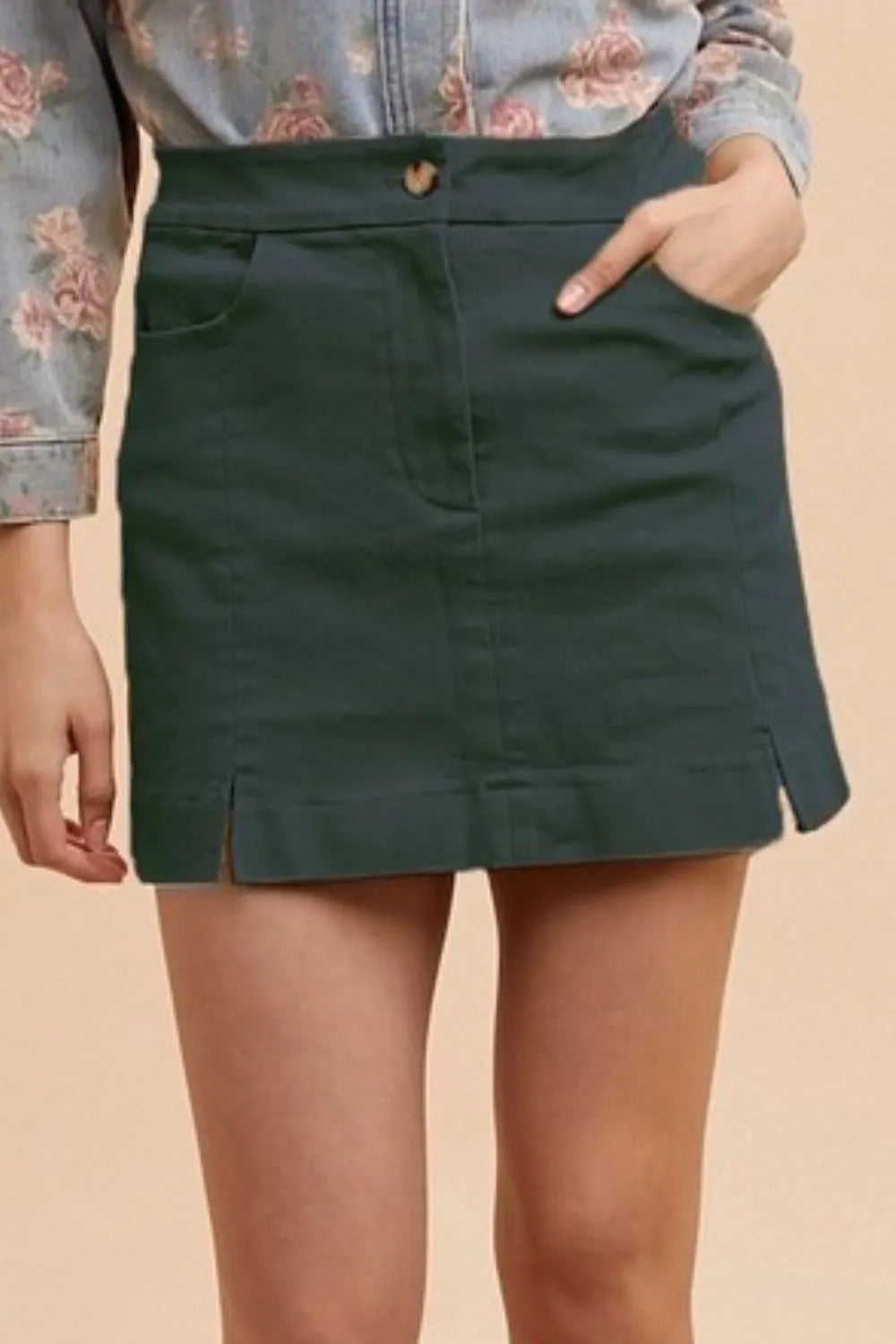 Cotton Mini Skirt in Dark Green with Front Pockets and Side Slits for a Stylish Look