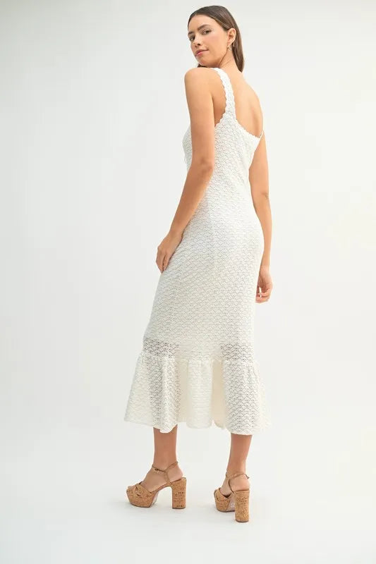 Crochet Knit Midi Dress in White with Flared Hem for a Stylish Summer Look