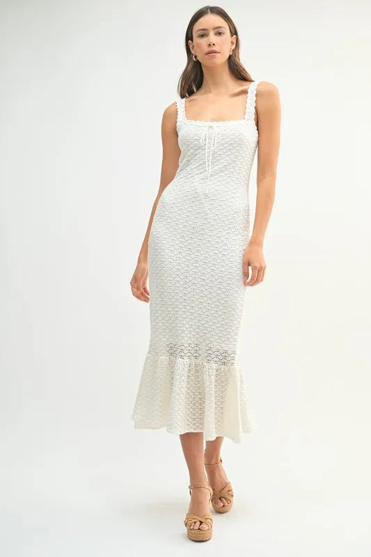 Crochet Knit Midi Dress in White with Flared Hem and Square Neckline