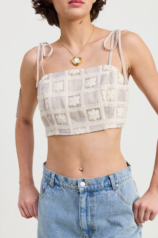 Emory Park Cropped Crochet Top in cream with tie straps and square crochet pattern