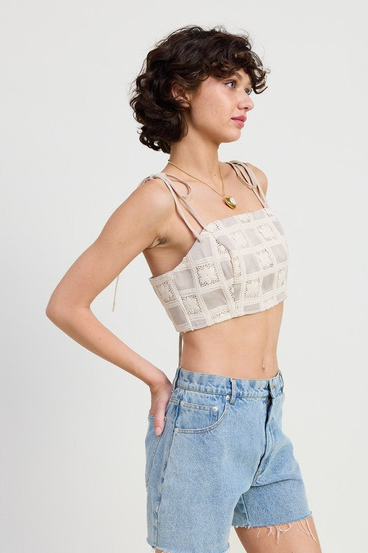 Emory Park beige Cropped Crochet Top with tie straps worn with light blue denim shorts