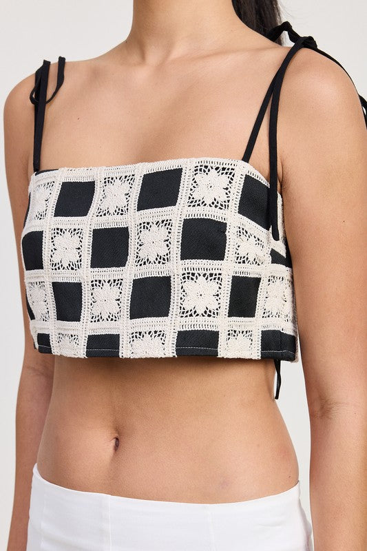 Emory Park black and white checkered cropped crochet top with adjustable shoulder ties
