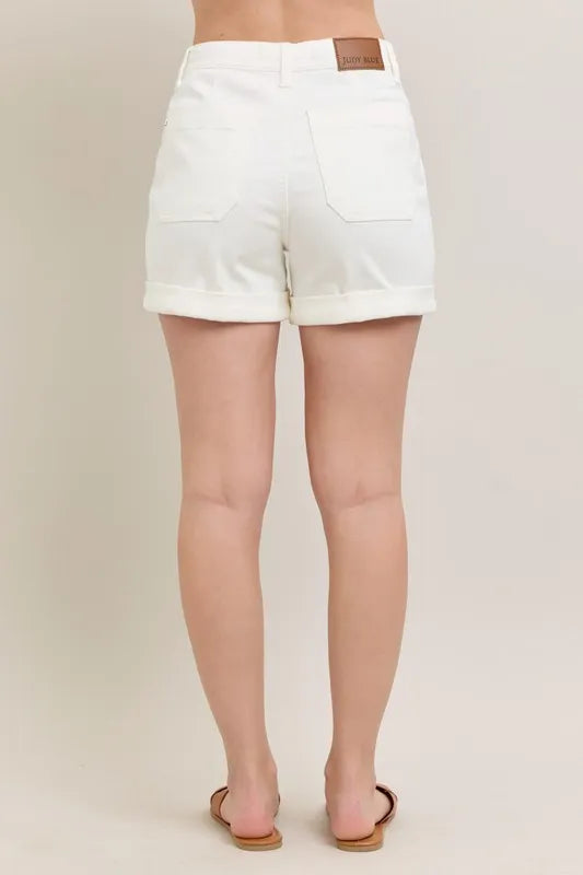 Back view of Cuffed Drawstring Denim Shorts in white, featuring a relaxed fit and rolled hems