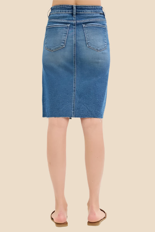 Denim Pencil Skirt with a fitted design and raw hem for a stylish look