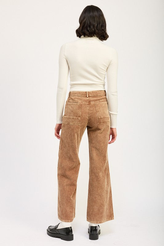 Emory Park Distressed Corduroy Pants back view on model high waist brown corduroy patch pockets