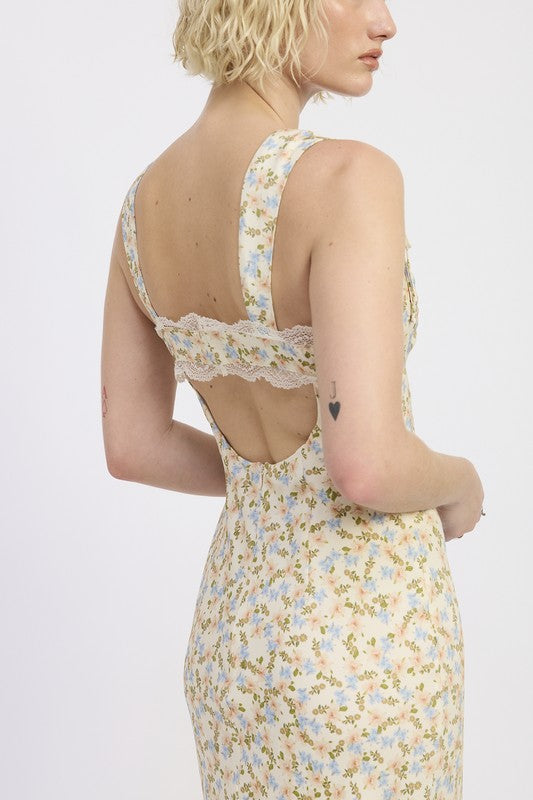 Emory Park Ditsy Print Midi Dress With Cutout and Lace Trim featuring floral pattern and open back design