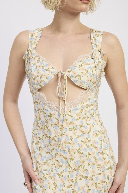 Emory Park Ditsy Print Midi Dress With Cutout and Lace Trim featuring floral pattern and tie front detail
