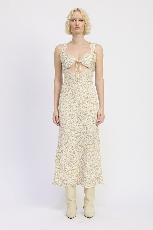 Emory Park Ditsy Print Midi Dress With Cutout and Lace Trim featuring floral pattern and sleeveless design no head